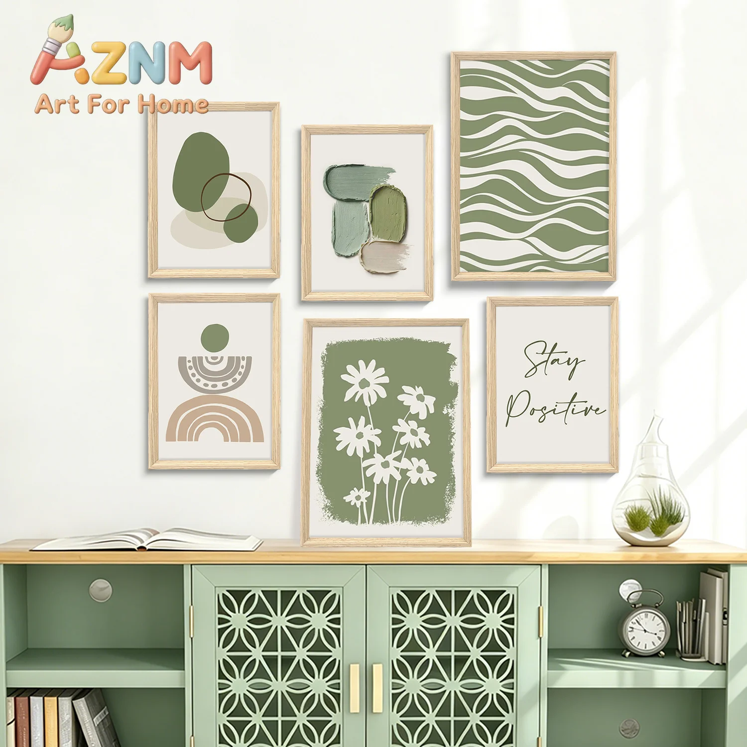 Matcha Green Bohemian Abstract Decorative Painting Geometric Daisies Inspirational Living Room/bedroom Combination Wall Painting