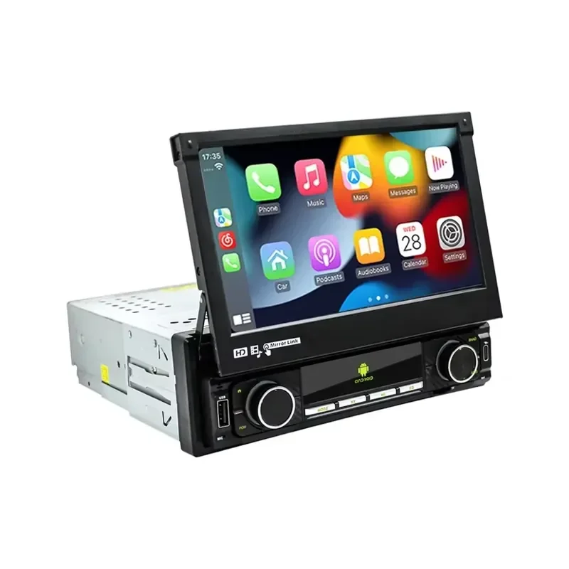 7' Retractable Touch Screen 1DIN Car Radio Android Auto Wireless CarPlay Multimedia Universal Navigator FM Android 12 OS