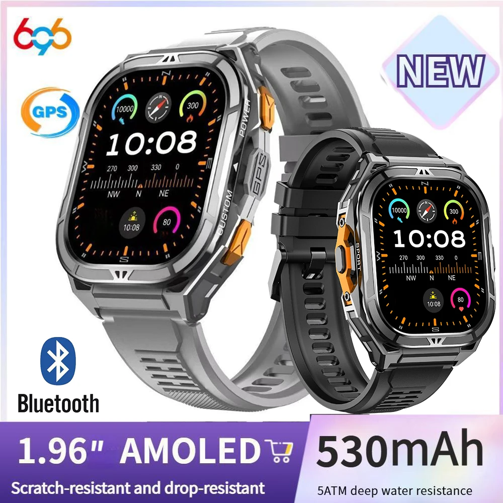 

1.96 AMOLED Screen X5 Smart Watches GPS Sports Compass S0S Health Monitor Smartwatch Men 530mAh Blue Tooth Call 3ATM Waterproof