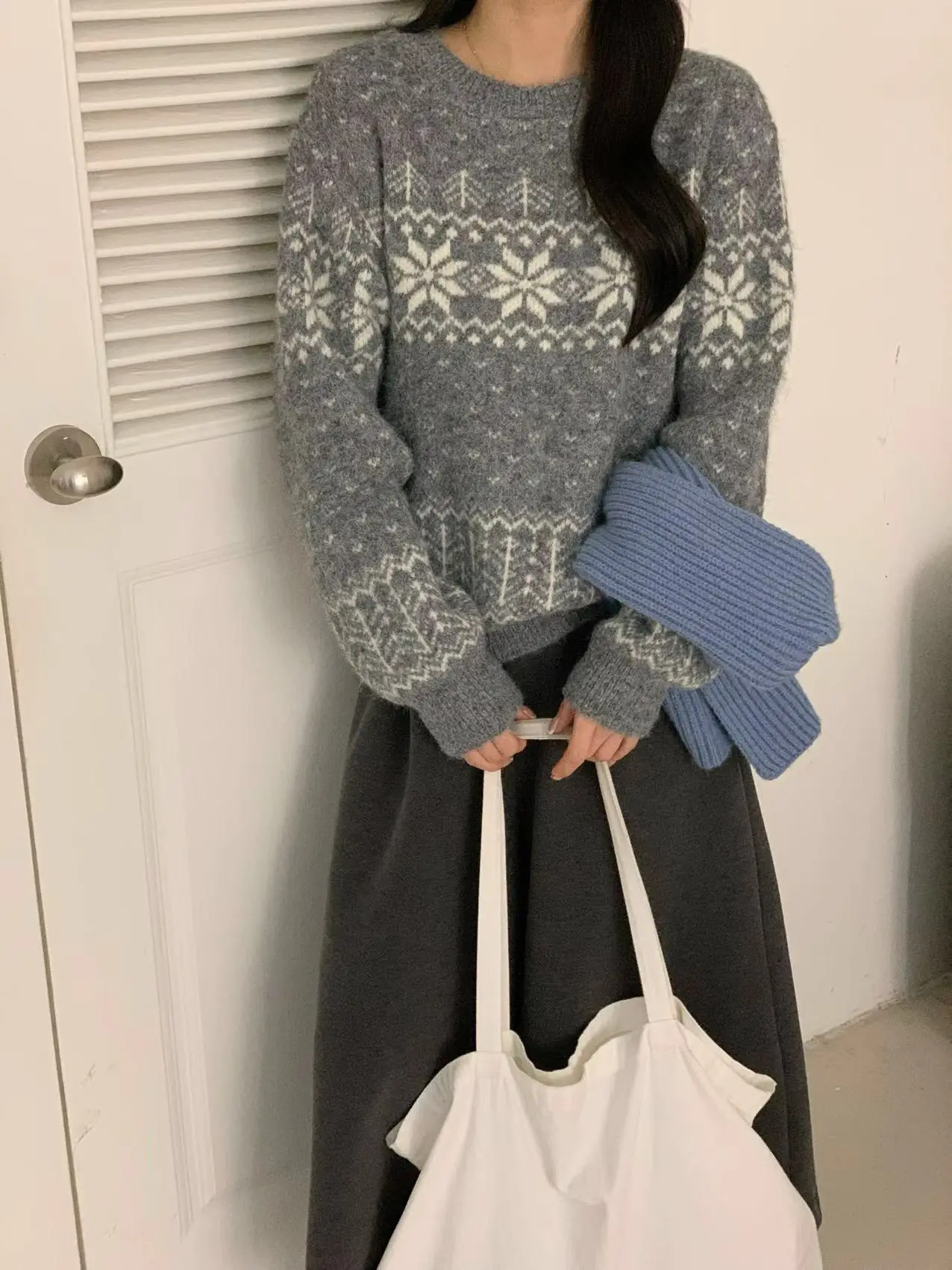 Retro Fair Isle Fiocco di neve Colletto alla coreana Maglione lavorato a maglia Donna Autunno Inverno Rosso Lungo Sve Anti invecchiamento Maglione pigro