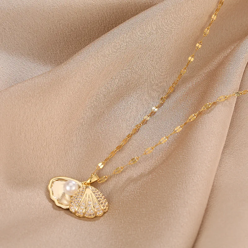 Stainless Steel Gold-Plated Shell Women Necklace Clean Stone Fake Pearl Wedding Party Jewelry