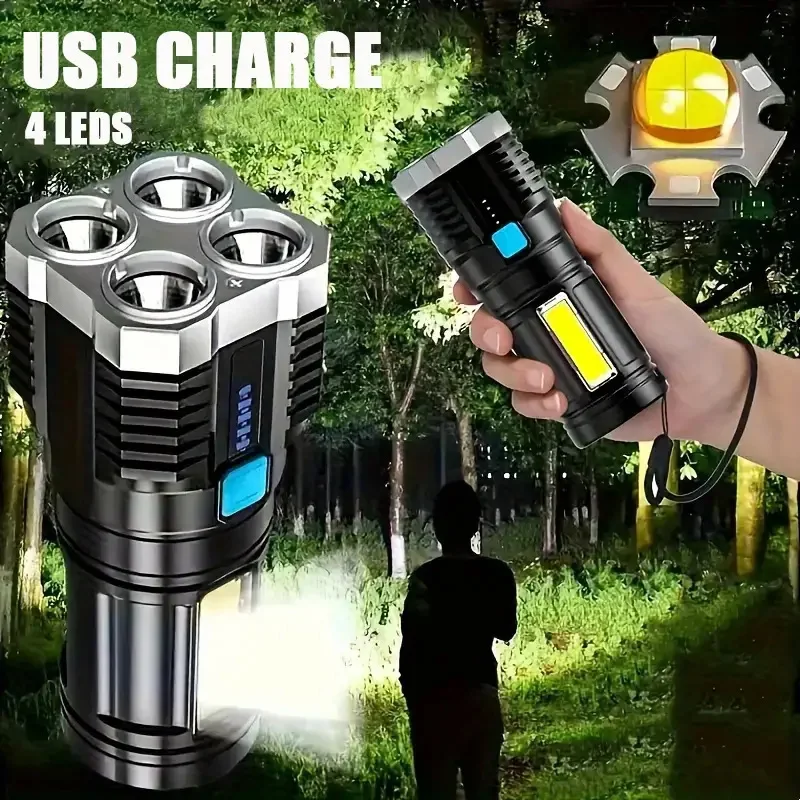 LED Flashlight High Power Camping Torch with 4 Lamp Beads COB Side Light Rechargeable USB Hand Lantern For Outdoor Lighting