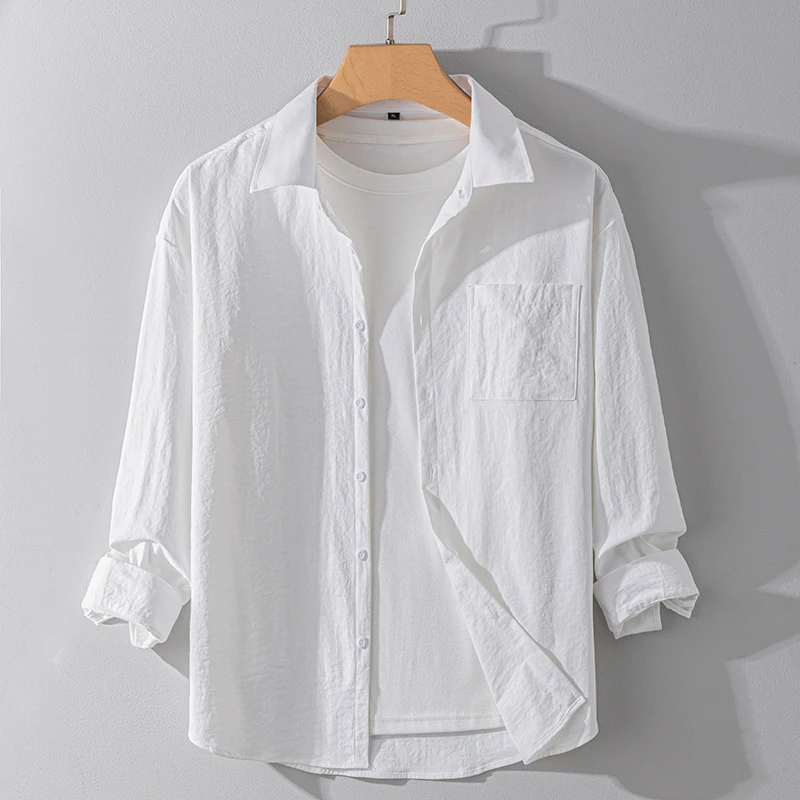Autumn Solid Color Long-sleeved Shirt Men's Loose Soft Comfort Office Business Casual Korean Fashion Shirts White Black Green