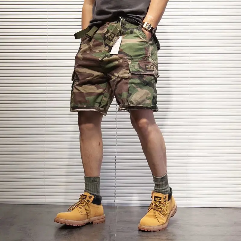 Tooling Camouflage Shorts Mens Summer Retro Casual Outdoor Sports Wear-resistant Middle Pants Multi Pocket Straight Leg Shorts