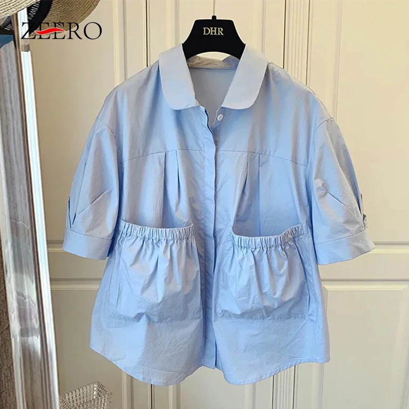 

Causal Sweet Women Shirt Korean Puff Sleeve Peter Pan Collar Blouse Summer Double Pockets Top Blusas Women Shirts