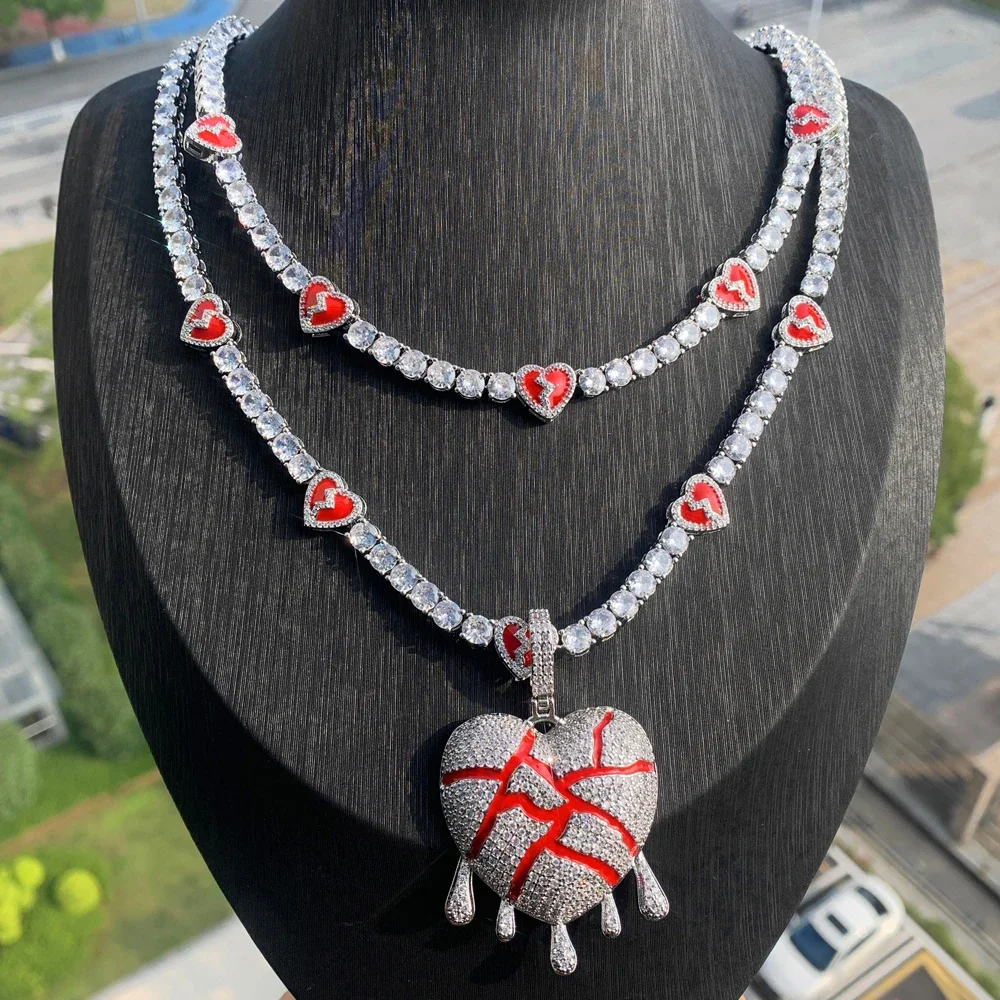

Iced Out Red Enamel Dripping Heart Pendant Necklaces with Heart Tennis Chain for Men Bling Cubic Zirconia Paved Hip Hop Jewelry
