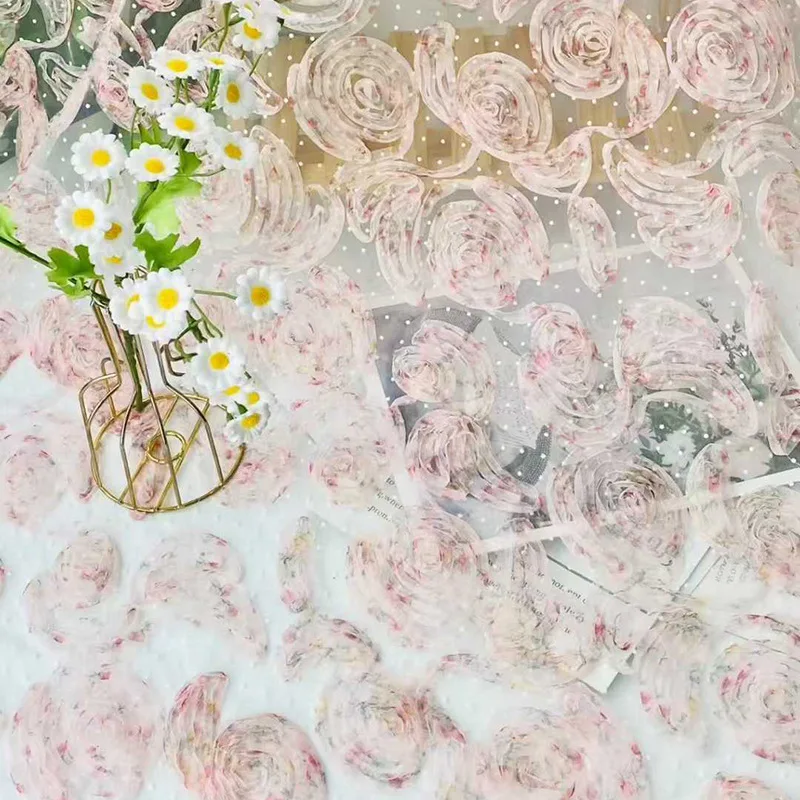 

Elegant 3D rose flower net yarn embroidered polka dot lace sheer fabric used for wedding dress designer fabric by the yard