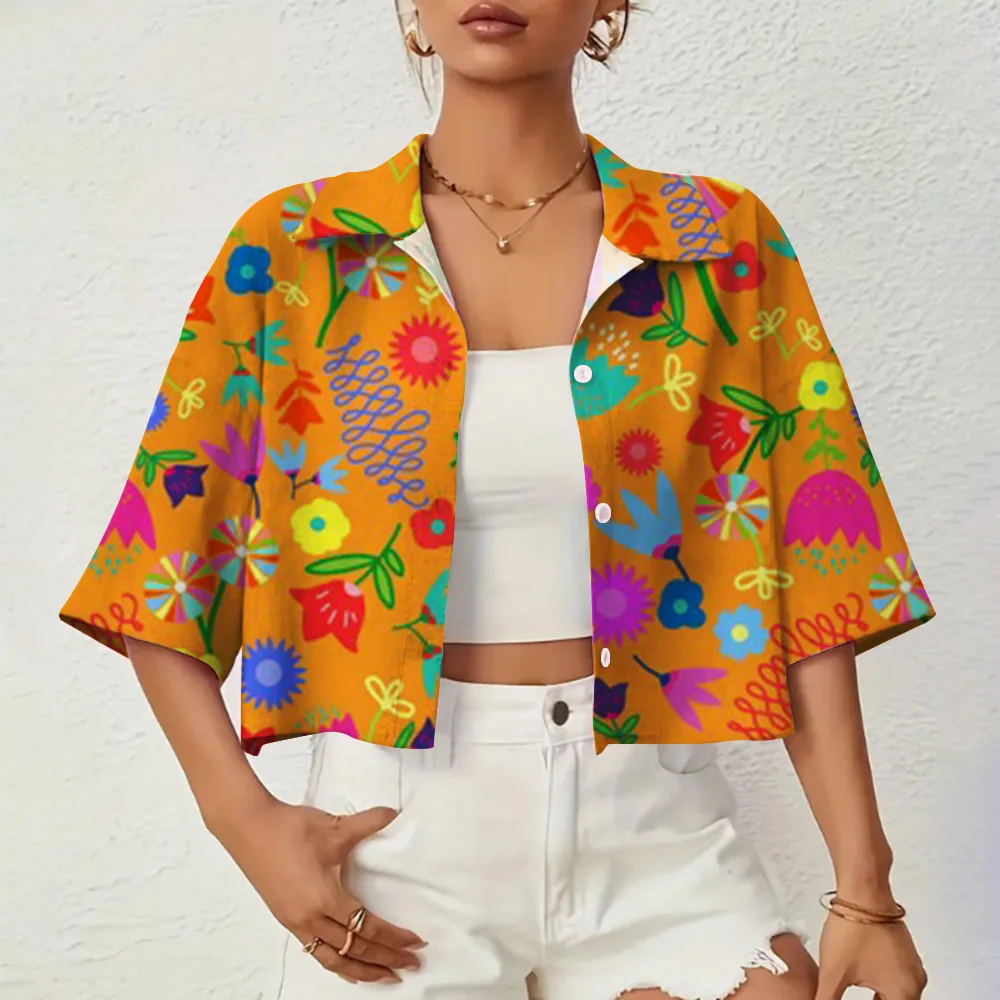 Graffiti Style Printed Women's Short Sleeve Shirt Fashion Single Breasted Lapel Design Street Elegant Fashion Women 2024