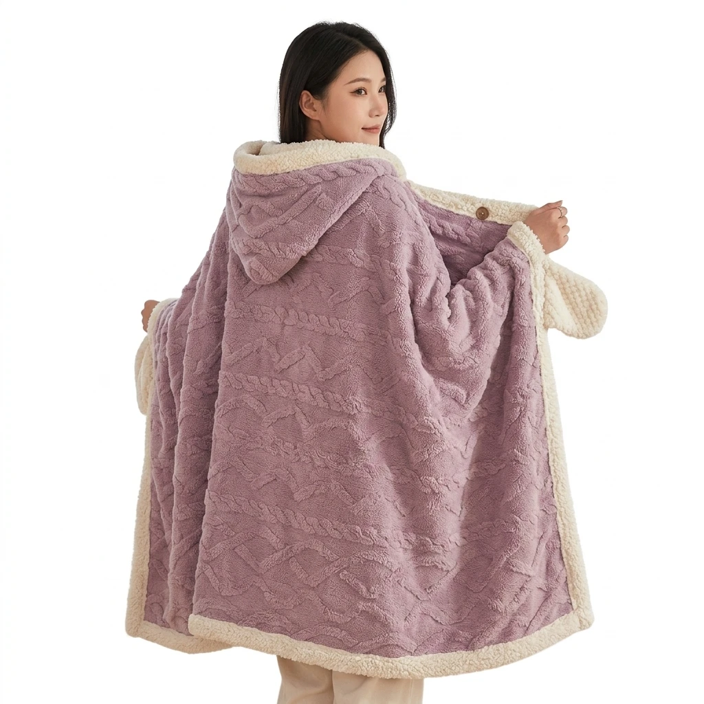 Wearable Hooded Blanket Cape Warm Shawl with Embossed Texture Throw for Home Office Travel Women Gift