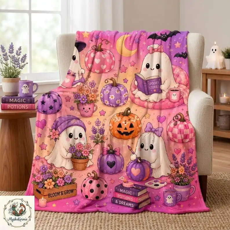 Cute Pink Ghost Halloween Blanket, Cozy Spooky Ghost Throw Blanket, Floral Pumpkin Fall Blanket, Kawaii Halloween Decor Gift