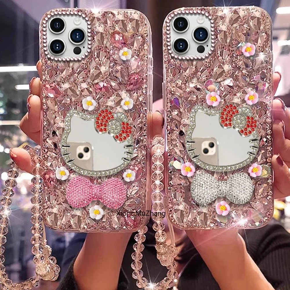 Cartoon Sanrio Hello Kitty Schleifen-Make-up-Spiegel Blumen-Diamant-Hülle für iPhone 17 18 16 Pro 15 14 13 12 11 Pro Max Glitzer-Abdeckung – Detail 6