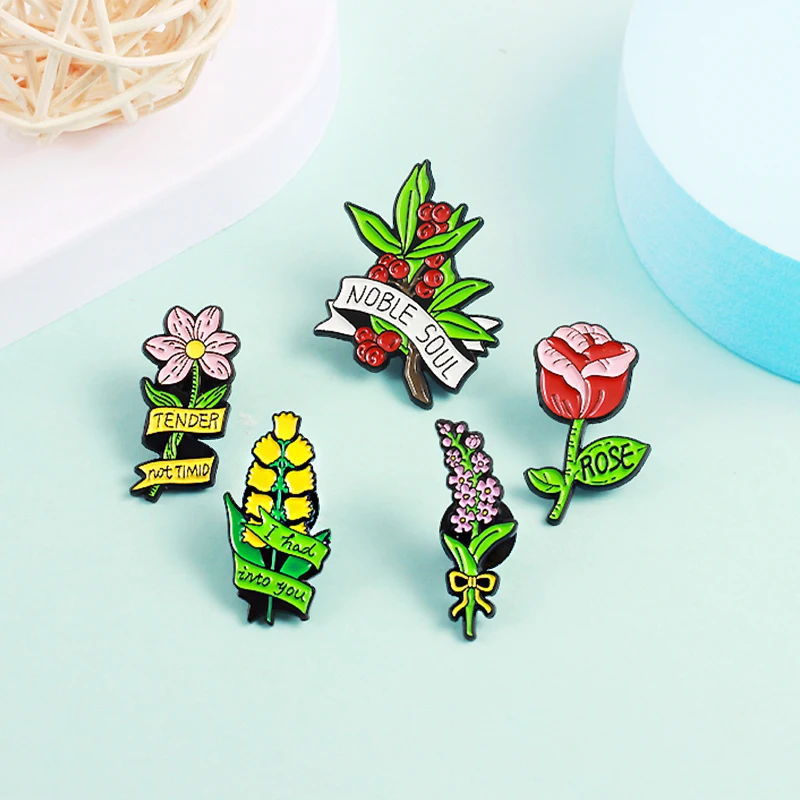 Flowers Badge Brooch Daisy Red Rose Lavender Lris Lotus Beauty Plant Enamel Pin Lapel Shirt Bag Jewelry For Women Kids Gifts