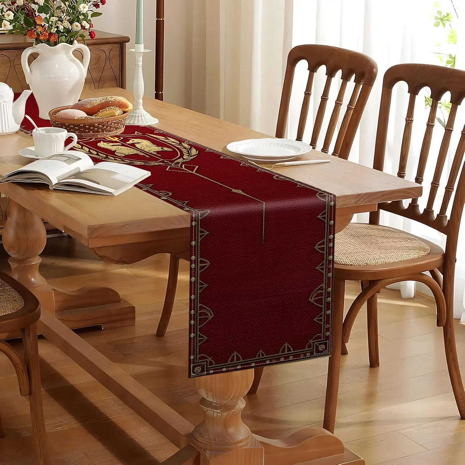 1 Piece of Medieval Theme Table Runner, with Knight Shield, Spear and Horse Head Pattern, Suitable for Medieval Theme Parties, Renaissance Market, Castle Style Decoration