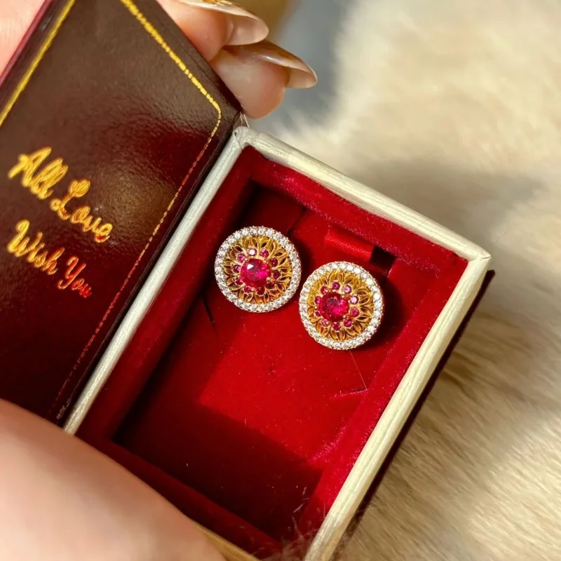 Luxurious Full-Diamond Textured Gold Red Corundum Earrings Chinese-Style Ruby Rose Window Women's Jewelry Accessory