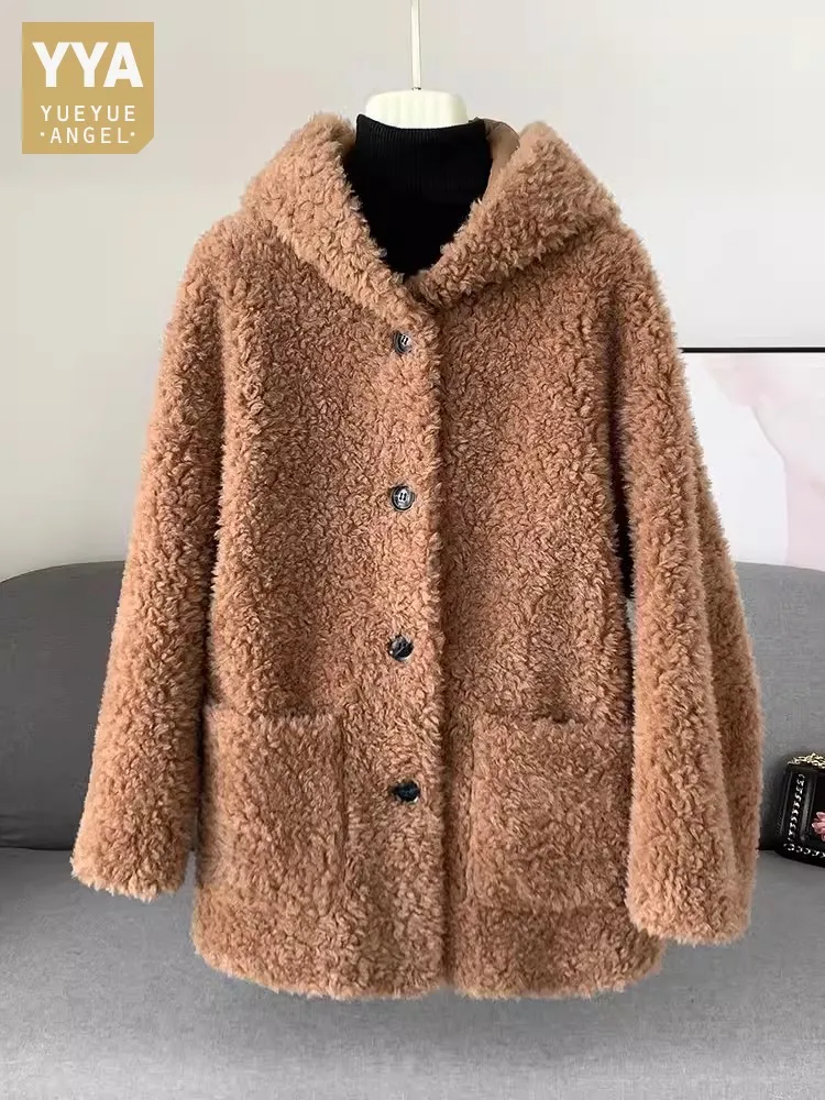 

Winter Women Hooded Wool Coat Single Breasted Casual Outerwear Fashion High Street Lamb Wool Middle Length Sheep Shearing Jacket