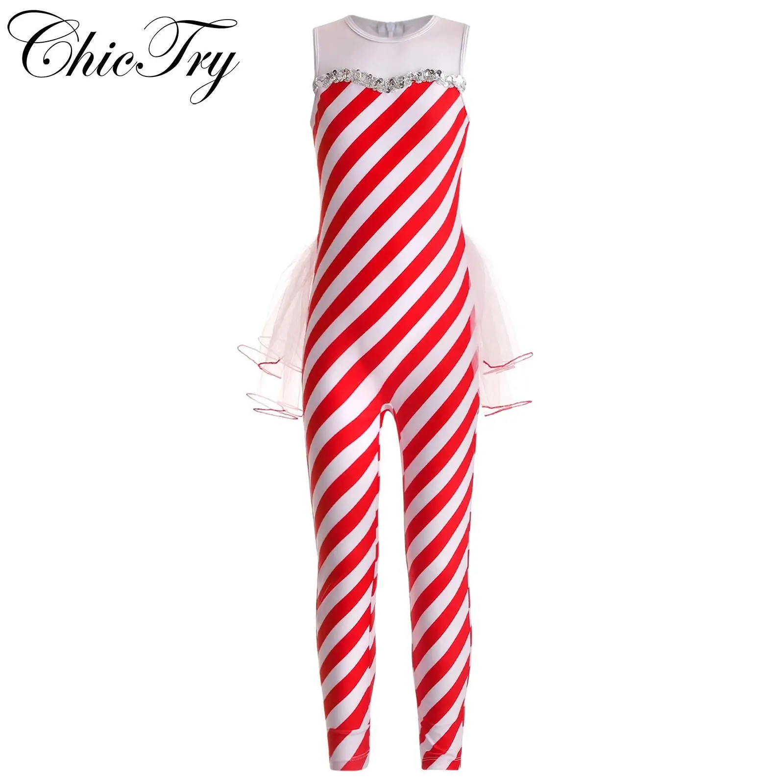 

Girls Kids Elf Christmas Xmas Candy Cane Costume Striped Unitard Sequins Ruffle Jumpsuit Ballet Dance Cheer Stage Performance