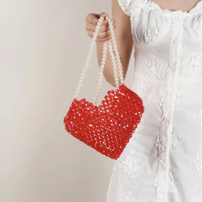 

Ins Design Red Peach Heart Small Women's Bag Pearl Chain Crossbody Bags for Woman Handmade Beaded Wallet 2025 New Customizable