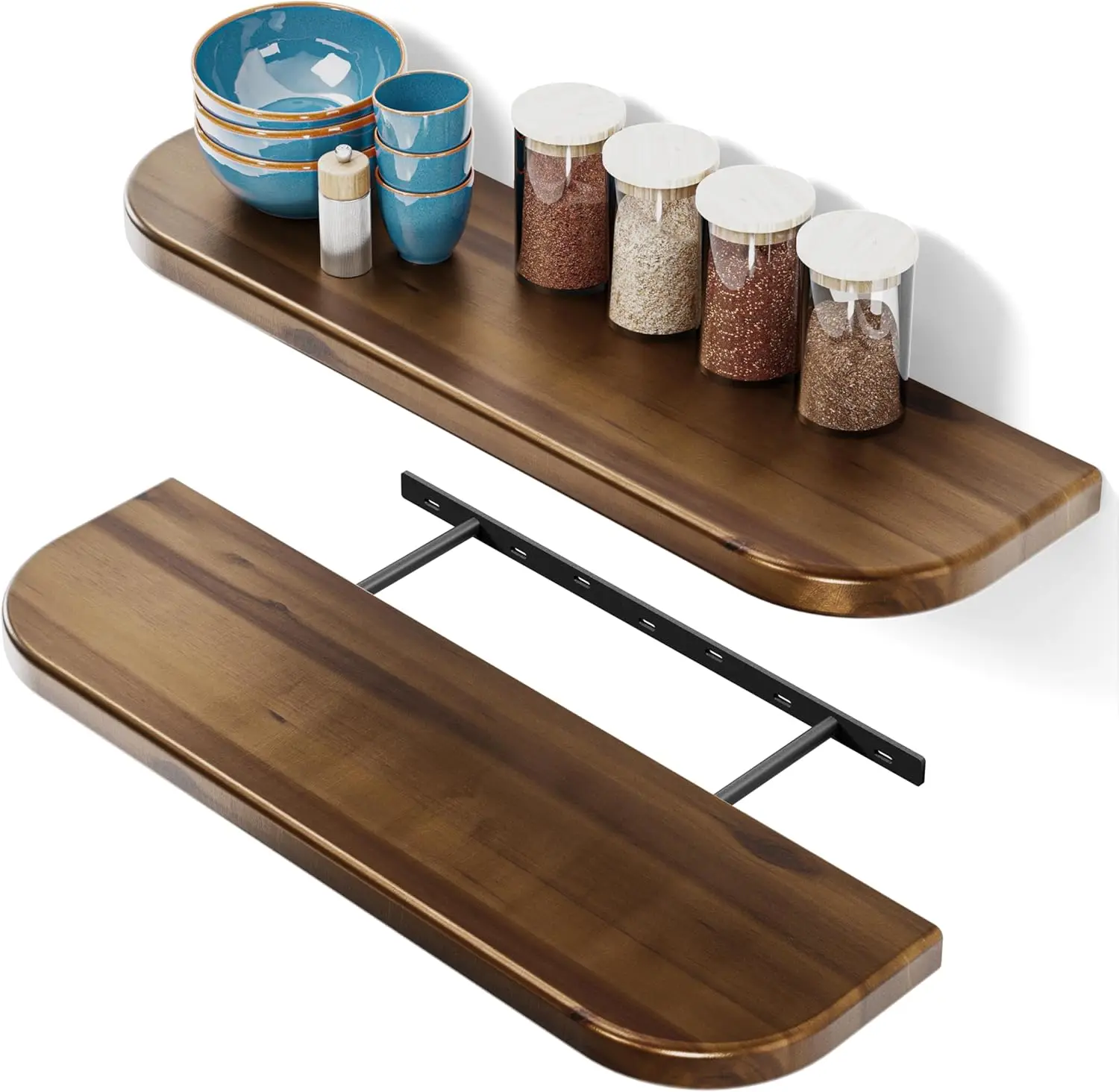 

Набор из 2-х 24-дюймовых настенных полок из акации с закругленными краями для декора стен, кухни, ванной комнаты - цвет орех