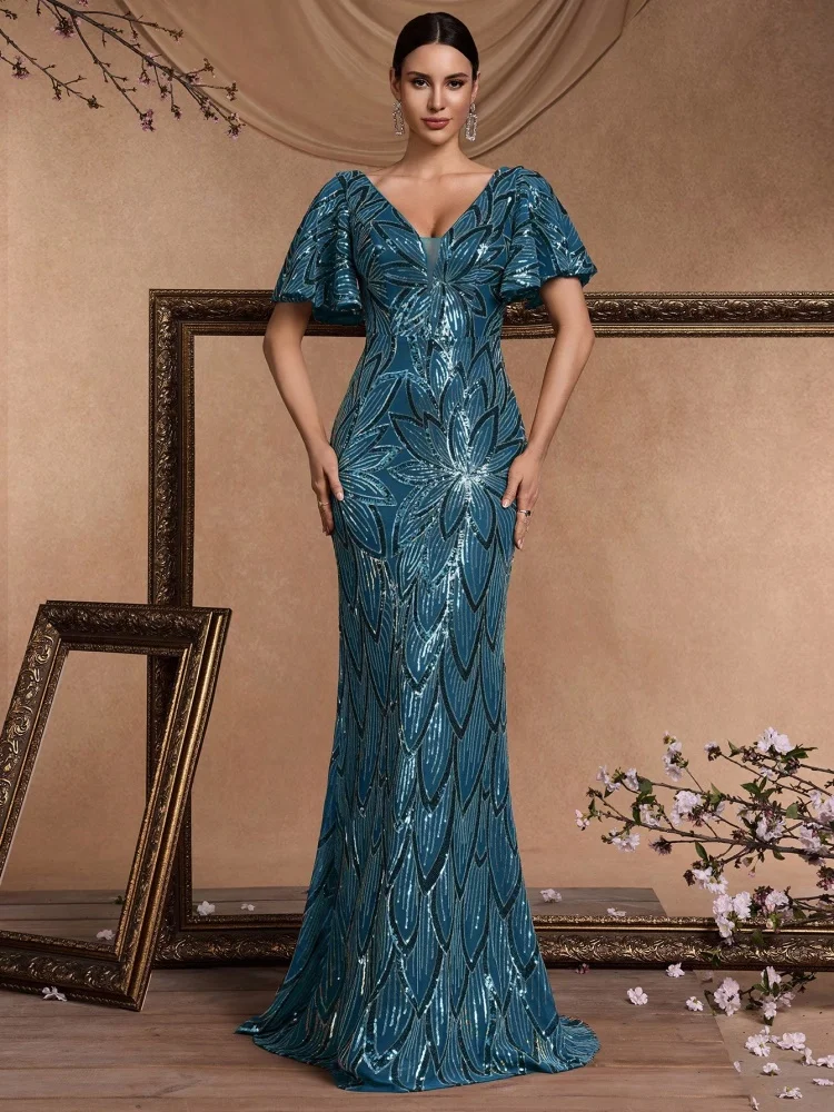 

BLUEPLUM Sexy backless maxi sequin women 2025 elegant luxury mesh wedding party dress Short sleeve evening dresses vestidos