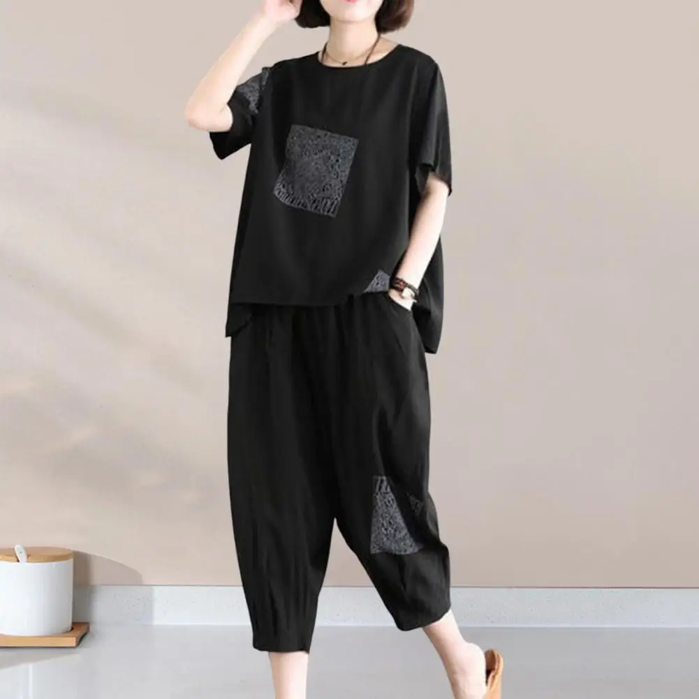 Trendy Summer Female T-Shirt Pants Suit Short Sleeves Adults Tee Sweatshirt Top Cropped Harem Trousers Kit Streetwear