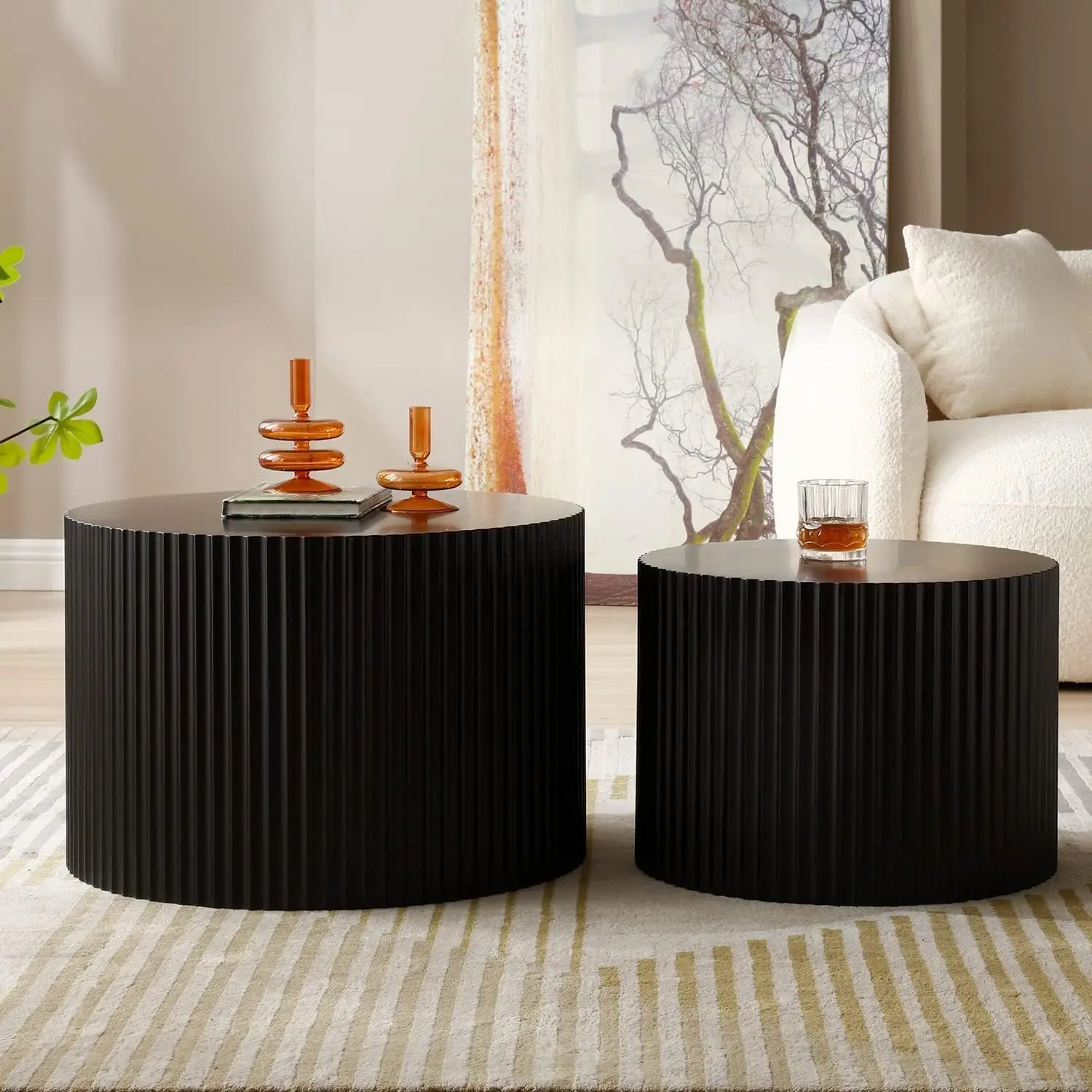 Round Coffee Table Set of 2 for Living Room Circle Nesting Coffee Table Set Modern Fluted Drum Coffee Table Side Tables