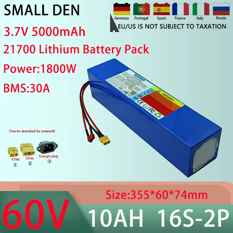 New 60v 10AH 16S2P 21700 lithium battery pack With 30A BMS 100-1800W high-power rechargeable battery+67.2V 5A charger