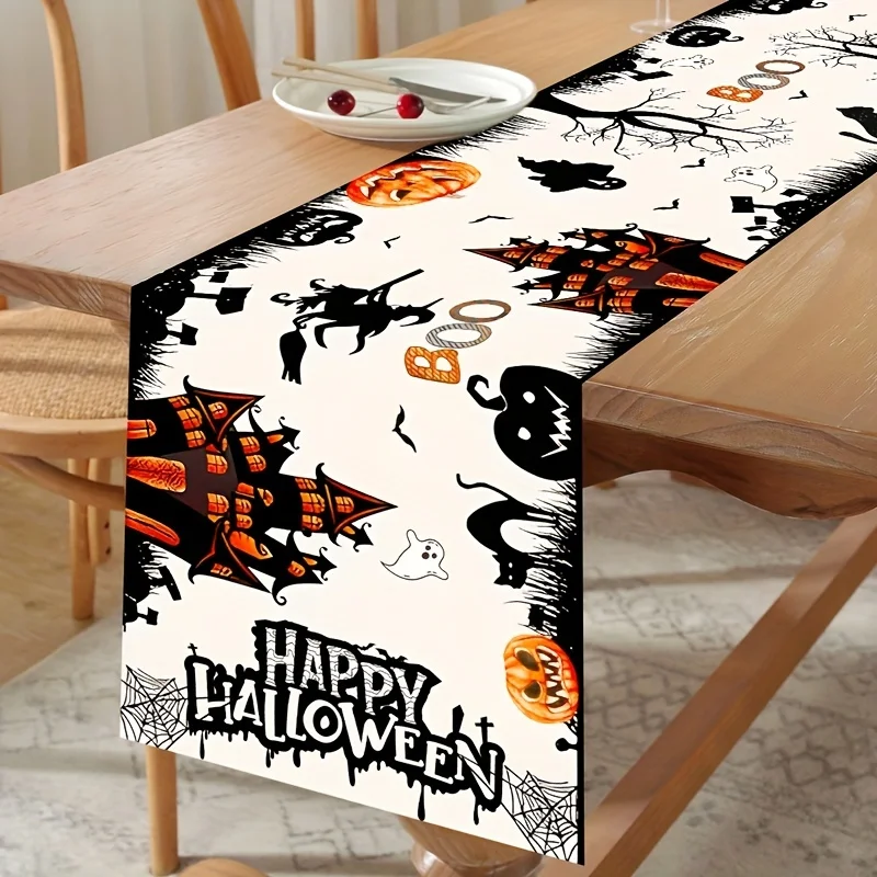 Halloween Table Runner - Classic Linen Decor with Spooky Black Cat, Pumpkin House, and Bats - Festive Boo House Branch Design