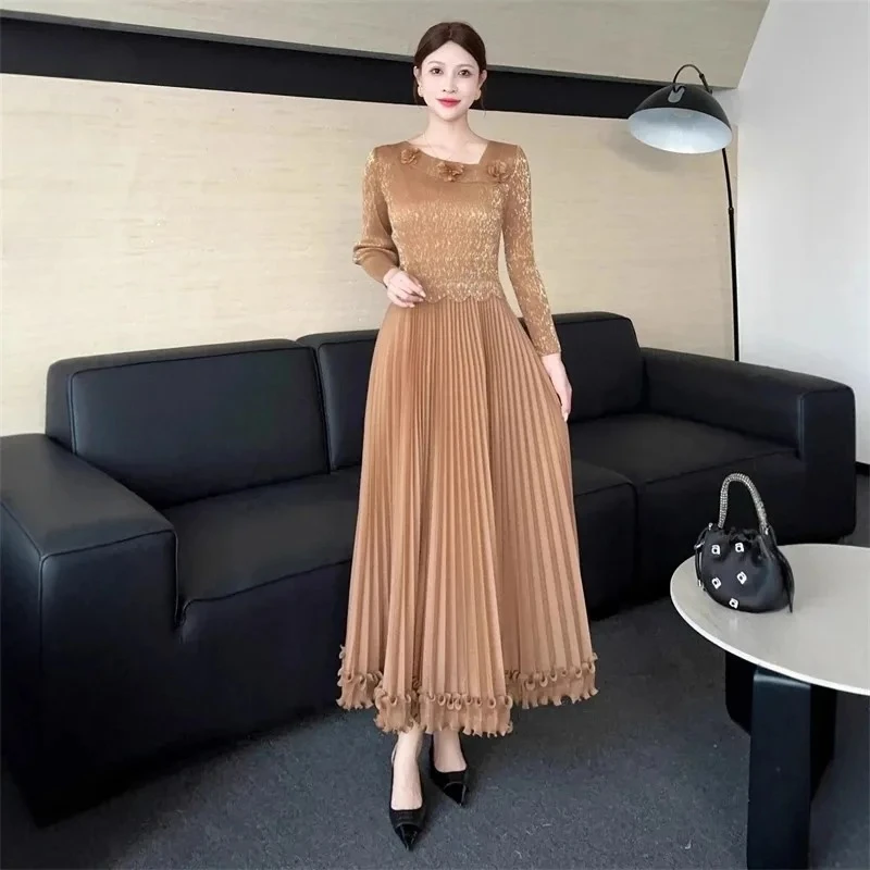 ANLAN Pleated New Trendy Waist-Cinching Slimming Women's Dress Gold Foil Printing Elastic Wrist Sleeve Ruffled Dresses 3AN0795