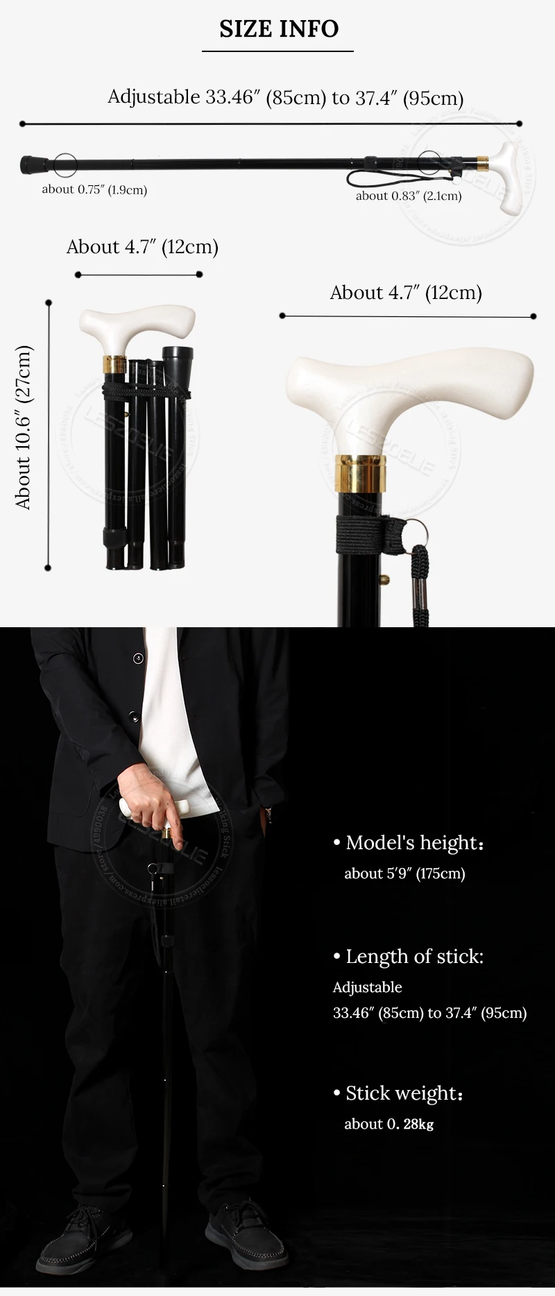 Adjustable Walking Stick 85cm-95cm Pearl White Handle Black Aluminum Alloy Folding Canes for Men And Women Foldable Stick