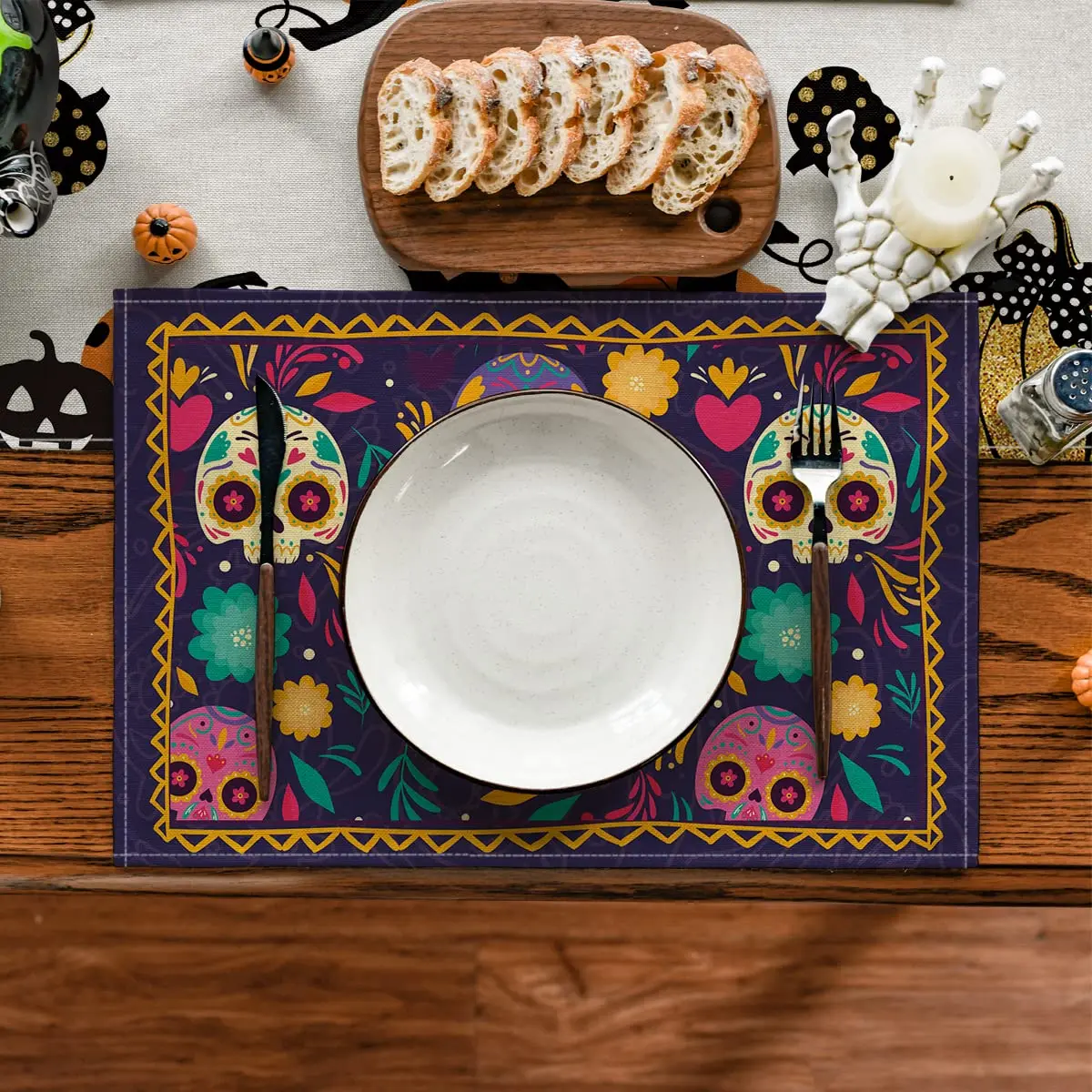 Watercolor Marigolds Skull Day of The Dead Placemats Set of 4,12x18 Inch,Seasonal Table Mats for Party,Kitchen,Dining Decoration