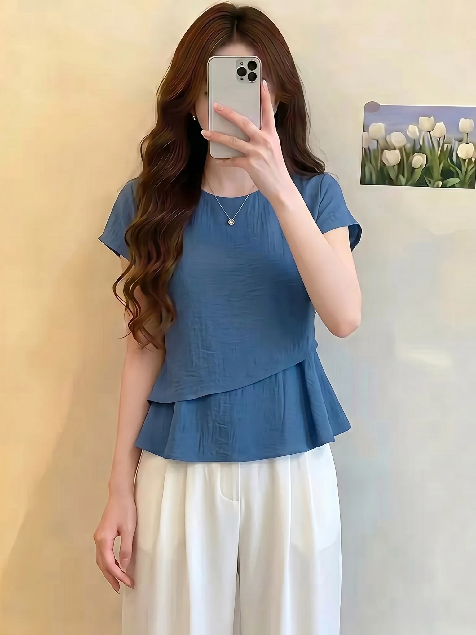 

Elegant round Neck Short Sleeve Women's Top Double Layer Splice Slimming Blue Summer Fashionable Commute Style Breathable Ski...