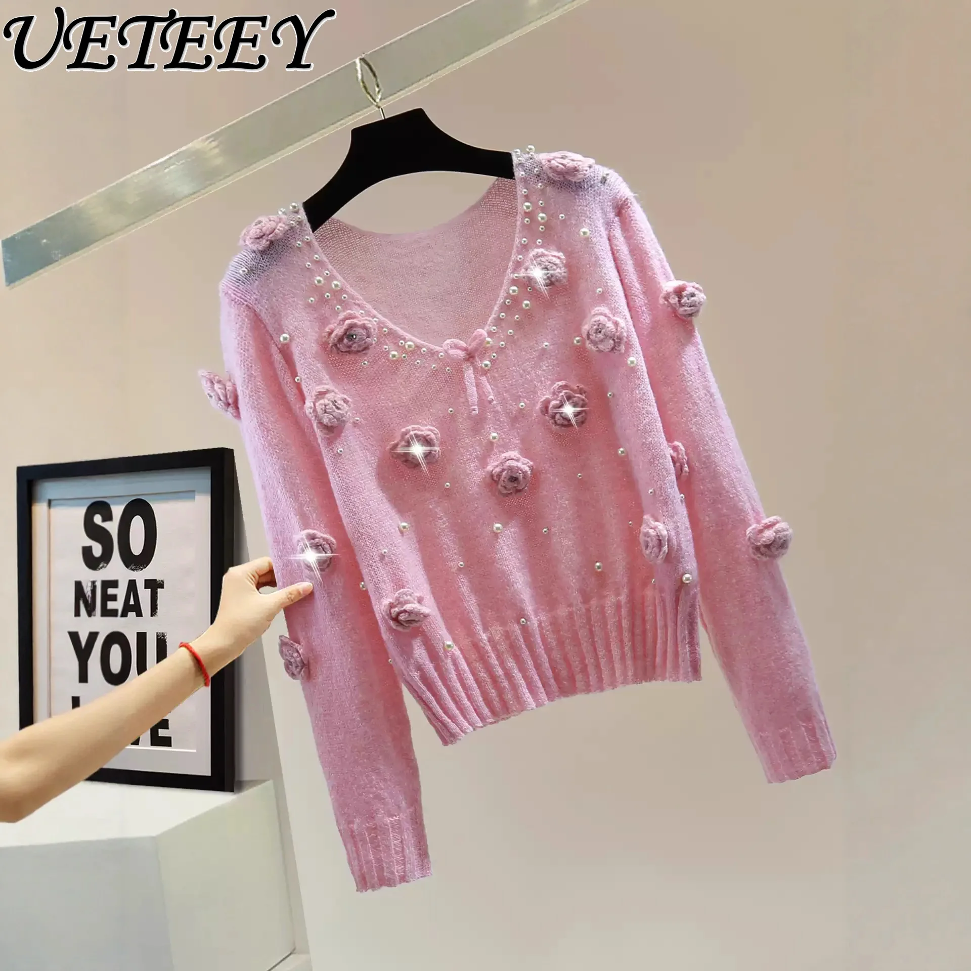 

Heavy Craft Flower Beaded Rhinestone V-Neck Long Sleeve Knitted Top 2025 Autumn Korean Slimming Bowknot Solid Sweater Trendy