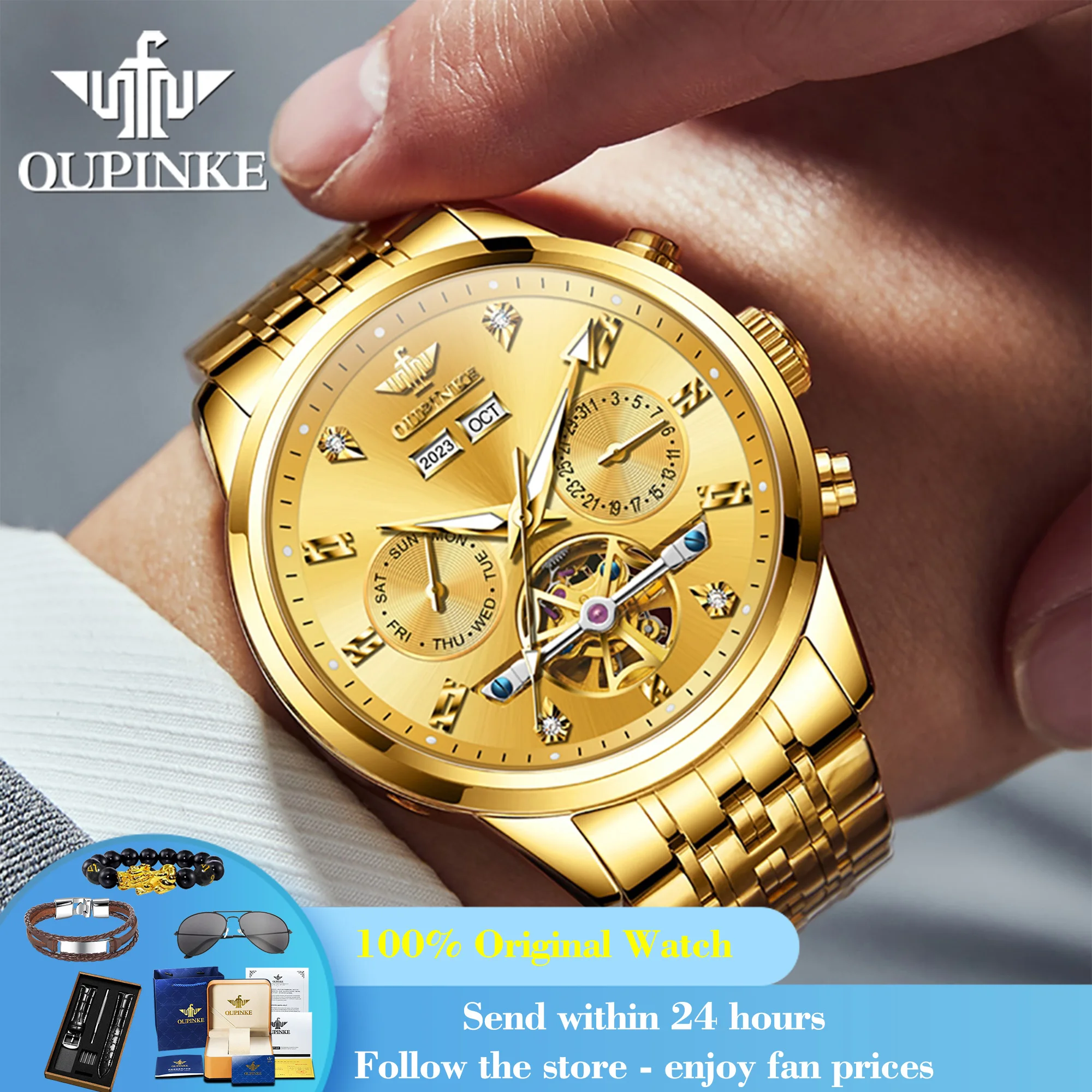 

OUPINKE 3248 Watch For Men Sapphire Mirror Luxury Mechanical Man Watch Hollow Calendar 50M Waterproof Male Automatic Wristwatch