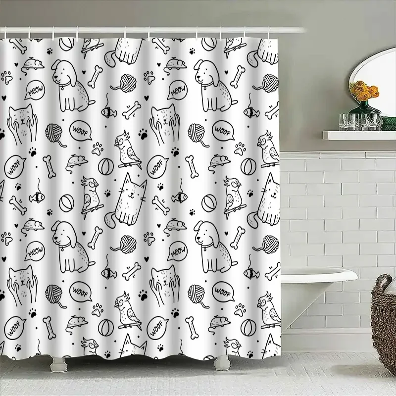 مجموعة ستائر الدش المطبوعة على شكل حيوانات باللون الأسود والأبيض على شكل كلب قطة ديكور الحمام لمستلزمات إعادة تشكيل المطبخ المنزلي سهلة التركيب وات #4