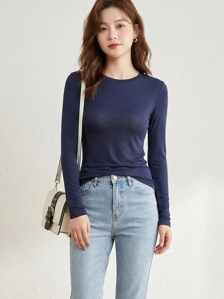 Hochwertige Elastische Basic Einfarbige Langarm-T-Shirts Schlichte Baumwoll-Damen-T-Shirts Lässige Oberteile Koreanischer Stil Dünnes O-Ausschnitt T-Shirt – Detail 3