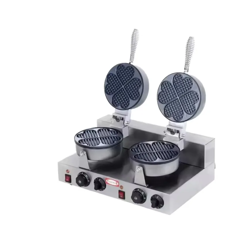 220V Electric Double-Head Commercial Non-Stick Heart-Shaped Waffle Maker for Snack Shops Hotels and Outdoor Use