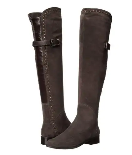 

Autumn Women Gray Solid Suede Rivet Studded Belt Buckle Low Heels Over The Knee Boots Lady Patchwork Leisure Long Boots Shoes