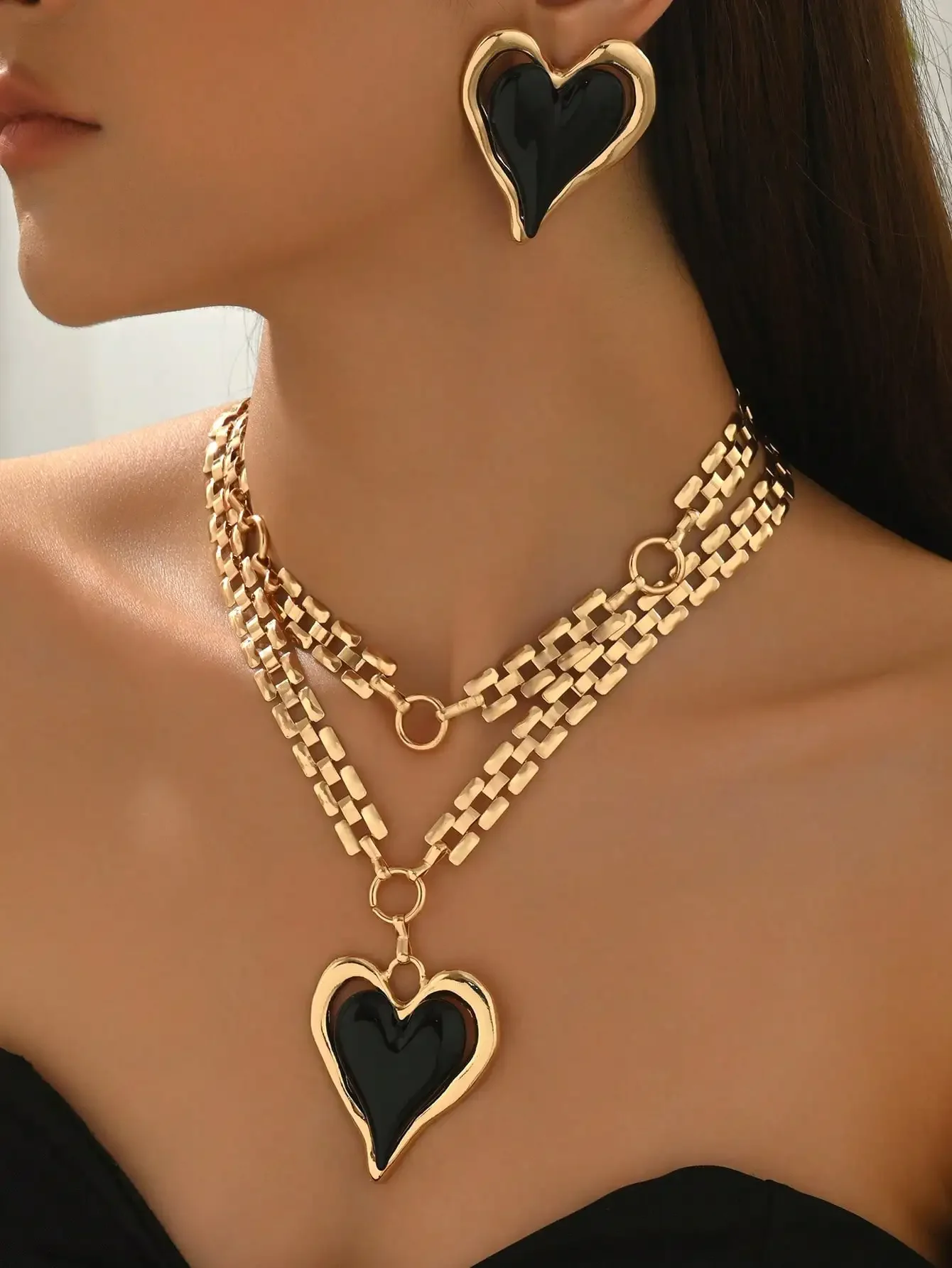 Gold-Tone Layered Chain Necklace Set with Black Heart Pendant and Earrings for Women