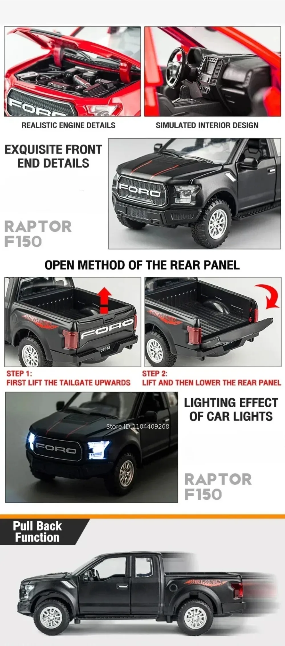 1:32 Mammoth Raptor F150 Legierung Modell Auto Spielzeug Sound Licht Diecast Metall Zurückziehen Off-road Pickup Modelle Sammlung Kinder geschenke – Detail 18