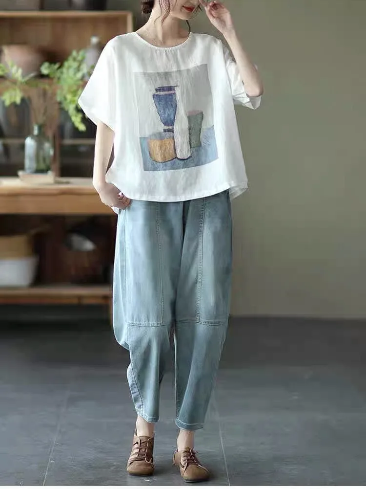 เสื้อยืดผ้าฝ้ายลินินสไตล์เรโทร สำหรับผู้หญิงไซส์ใหญ่ ทรงหลวม คอกลม ใส่สบาย ช่วยพรางหุ่น เหมาะสำหรับฤดูร้อน ใช้งานได้หลากหลาย