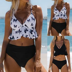 High Waisted Ruffle Bikini Sets Biquini Swimsuit Clothes Set Bikini Beachwear Top Bra Set Tankinis Mujer Women Swim Wear Suit