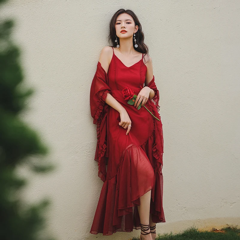 

Vintage Red Summer Beach Holiday Dress 2022 Women Ruffles slit V Neck Suspender Dresses With Outer Covering