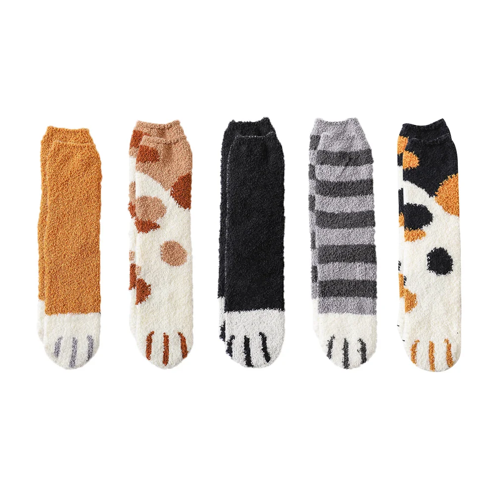 

5 Pairs Cat Paw Print Socks Thick Cozy Warm Fuzzy Coral Fleece Women Sock Winter Short Socks Cotton Wool Elastic Fashion