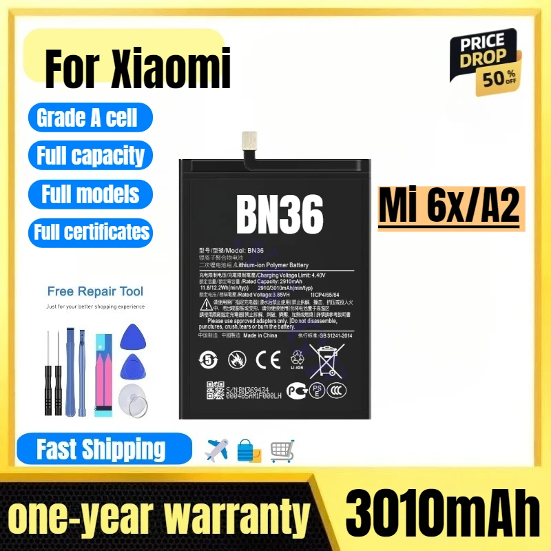 

BN36 for Xiaomi Mi 6x/A2 Mobile Phone Battery High Quality High Capacity Battery Replacement Bateria Grade A Cell with Tools
