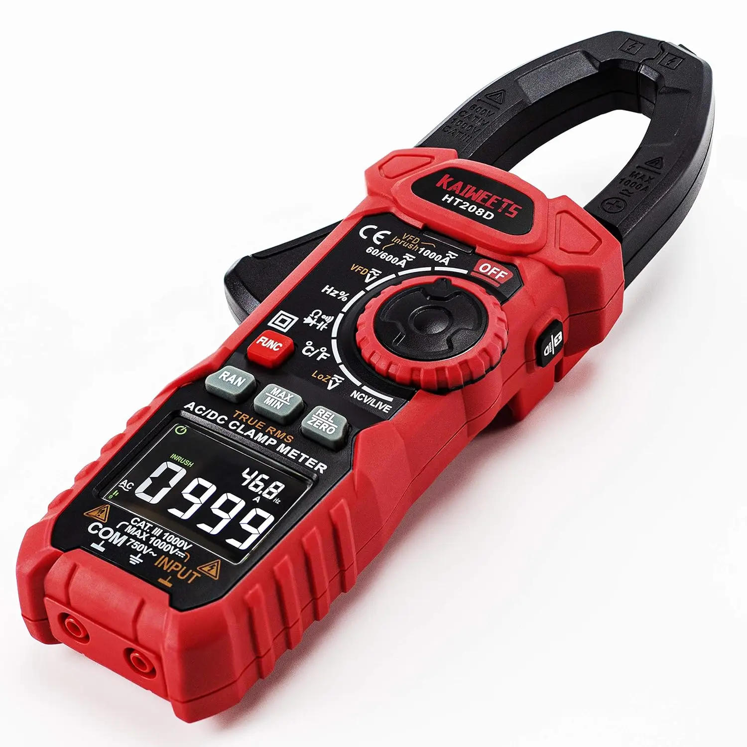 KAIWEETS Inrush Clamp Meter, AC/DC Current Amp Meter, Measures Temperature Capacitance Resistance Diodes Continuity Duty-Cycle