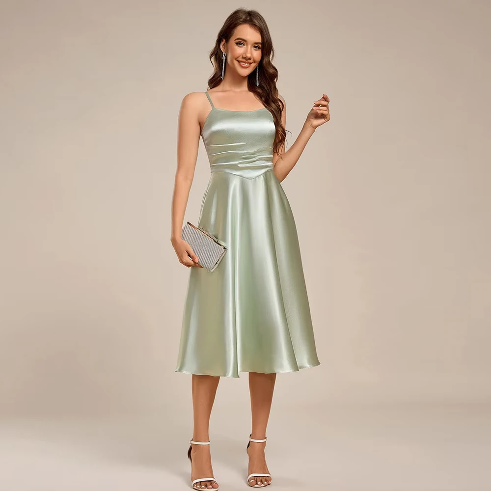 BAZIIINGAAA Party Dress Pleated Spaghetti Strap Sleeveless A-Line Midi Wedding Guest Dress Evening dress ﻿
