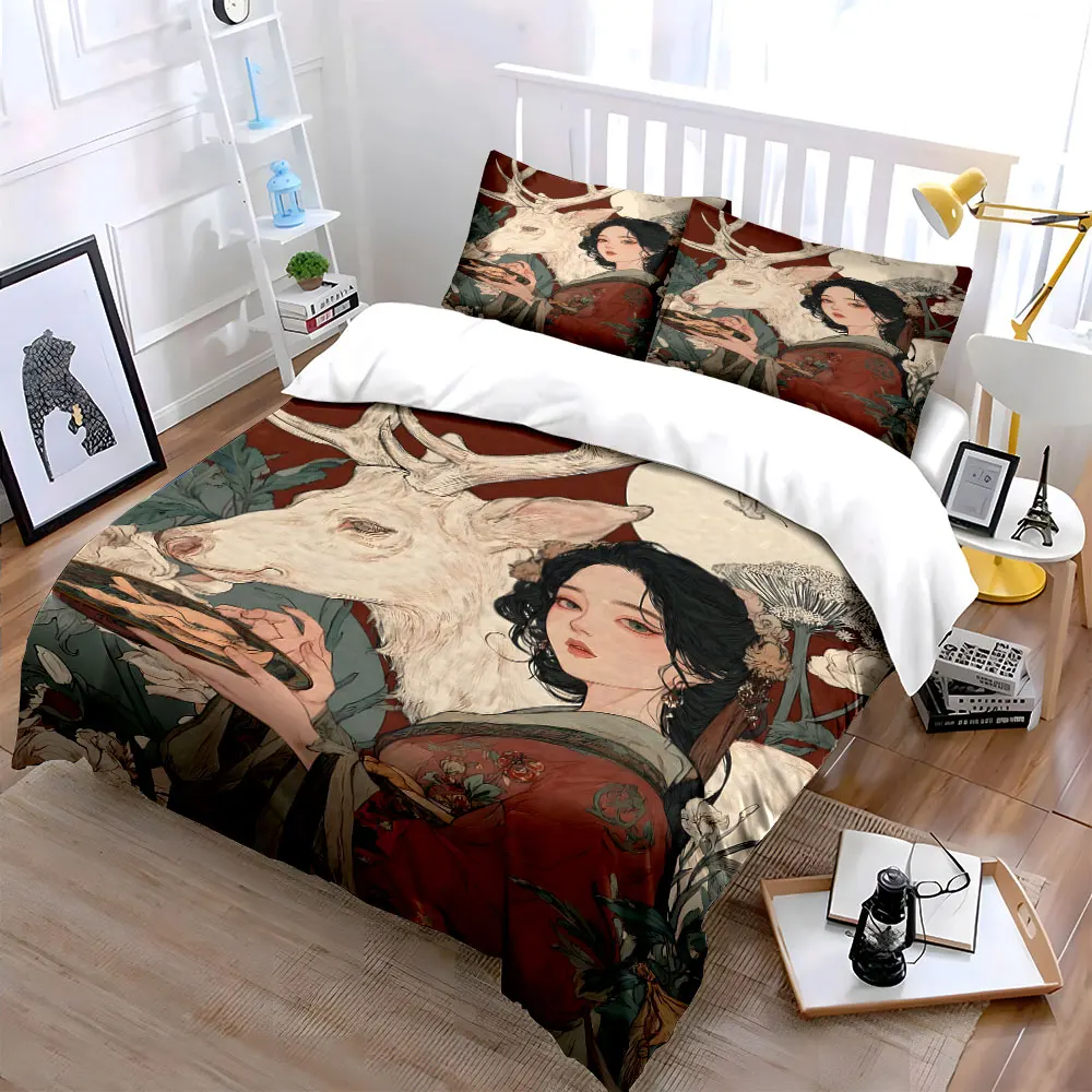 Elegant lady with white deer Print Bedding Set 1 Duvet Cover 2 Pillowcases for Adult and Children Luxury Gift Full Size
