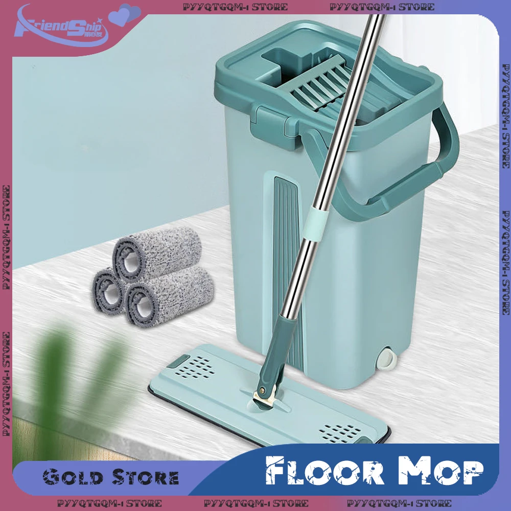 Floor Mop Flat Mop with Bucket Squeeze Mops with Ultra-Fine Fiber Head Replaceable for Floor Cleaning Kitchen Toilet Window