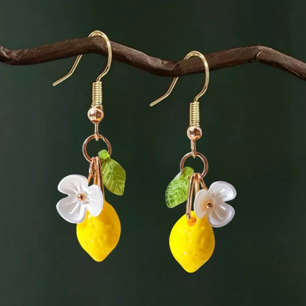 New Sweet Lemon Shaped Necklace Acrylic Cute Dangle Earrings Flower Trendy Fruit Hooks Earring Vacation