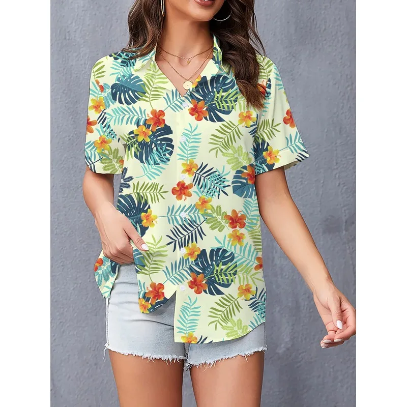 Tropical Hibiscus Short-Sleeve Shirt, Hawaiian Vacation Style Loose Cardigan Top